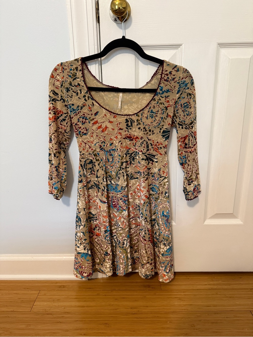 Free People Beige Floral Long-Sleeve Scoop Dress